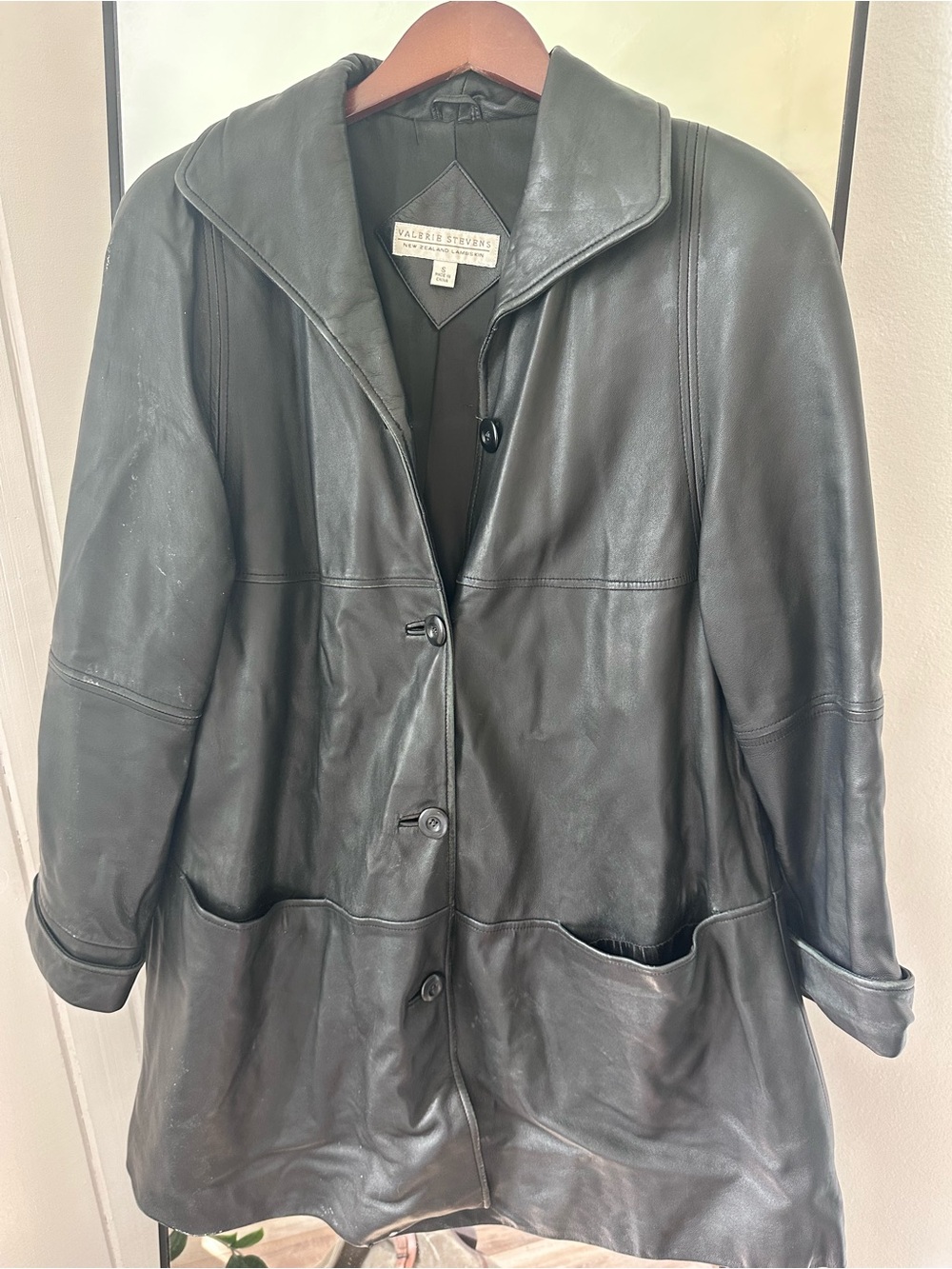 Valerie Stevens Black Leather Button-Front Coat with Patch Pockets